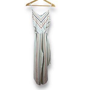 Everlily Women's Size L Cami Strap Wide Leg Jumpsuit Neutral Stripe Linen Blend